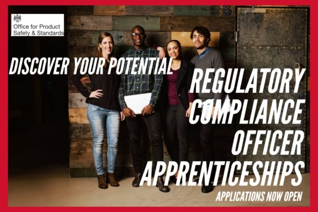 4 colleagues dressed in smart casual clothing standing in a row smiling. Text on the image states discover your potential. Regulatory compliance offices apprenticeships applications now open.
