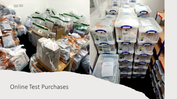 Image of boxes and clear plastic bags containing Online marketplaces test purchases.