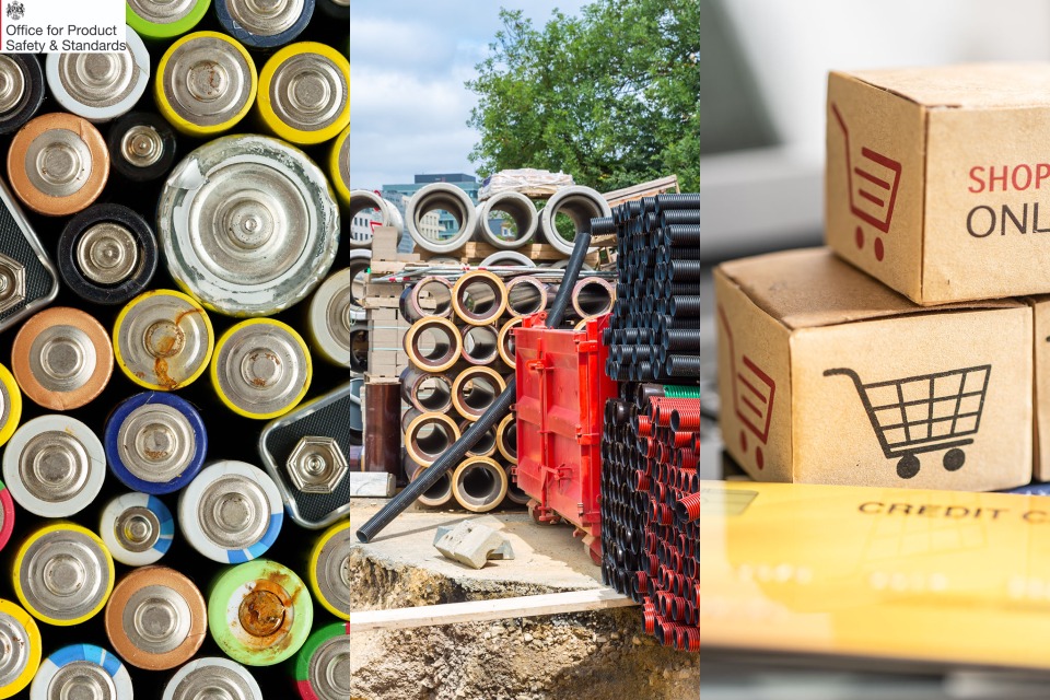 Collage of images showing used batteries, building materials and online shopping.